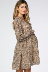 Beige Leopard Print Chiffon Back Cutout Maternity Dress