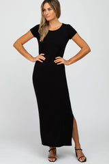 Black Short Sleeve Side Slit Maxi Dress