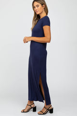Navy Blue Short Sleeve Side Slit Maxi Dress