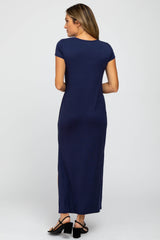 Navy Blue Short Sleeve Side Slit Maxi Dress