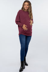 Burgundy Soft Knit Wide Neck Dolman Button Sleeve Maternity Top