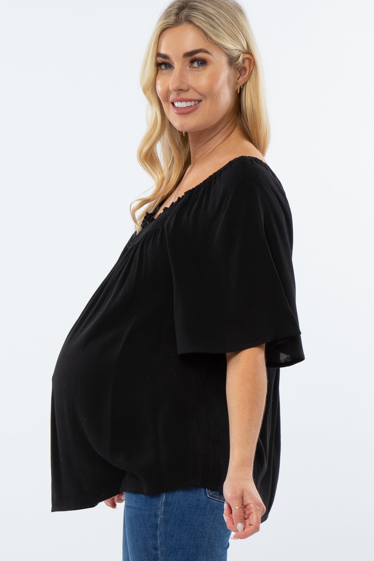 Black Linen Smocked Short Sleeve Maternity Top