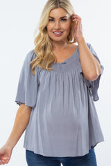 Grey Linen Smocked Short Sleeve Maternity Top