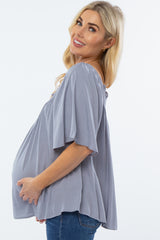 Grey Linen Smocked Short Sleeve Maternity Top