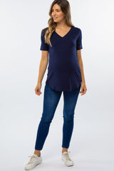 Navy Blue V-Neck Maternity Short Sleeve Round Hem Top