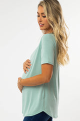 Mint Green V-Neck Maternity Short Sleeve Round Hem Top