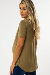 Light Olive V-Neck Maternity Short Sleeve Round Hem Top