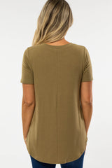 Light Olive V-Neck Maternity Short Sleeve Round Hem Top