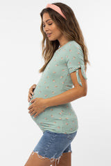 Mint Green Floral Ribbed Tie Accent Maternity Top