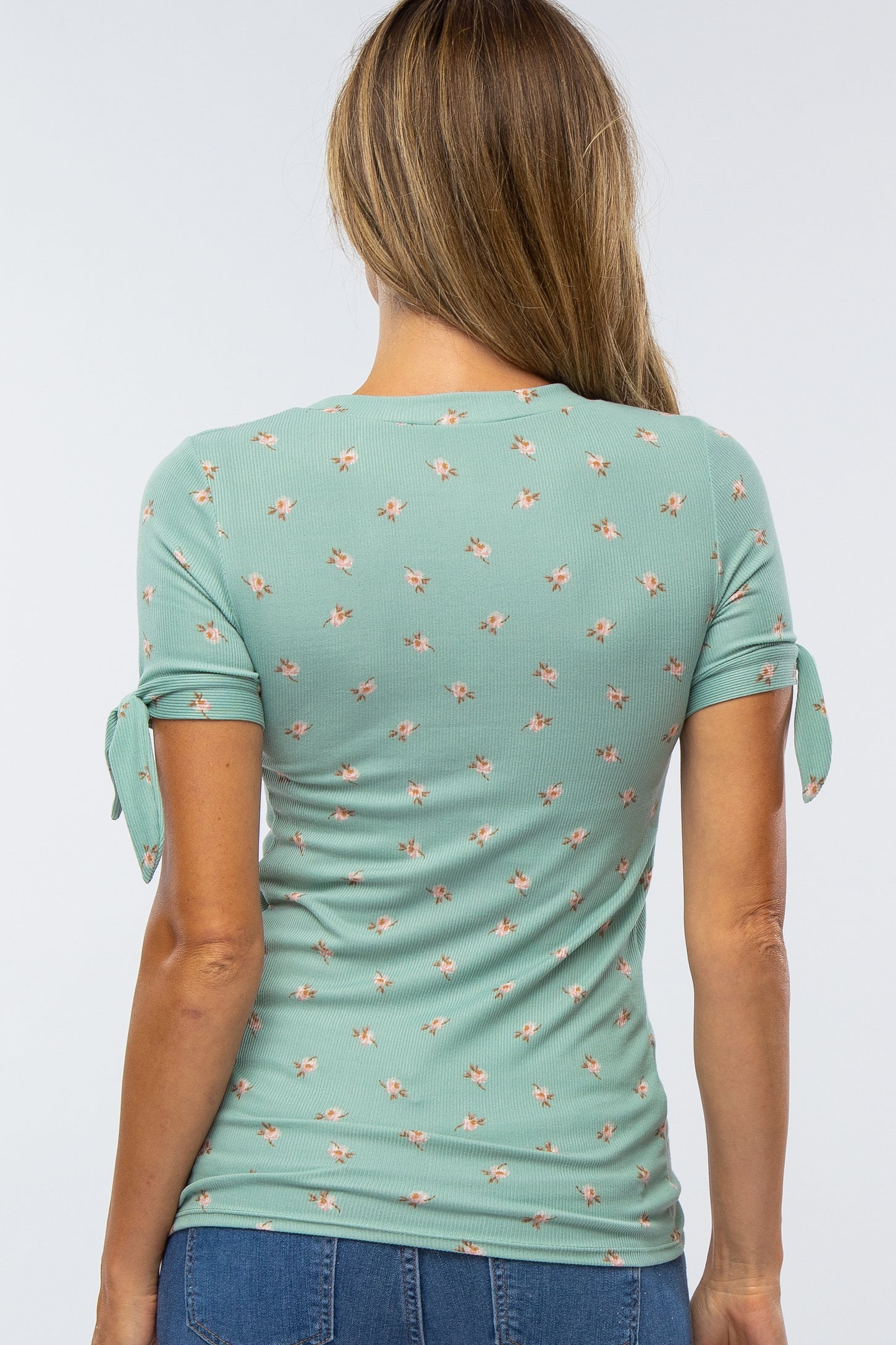 Mint Green Floral Ribbed Tie Accent Top