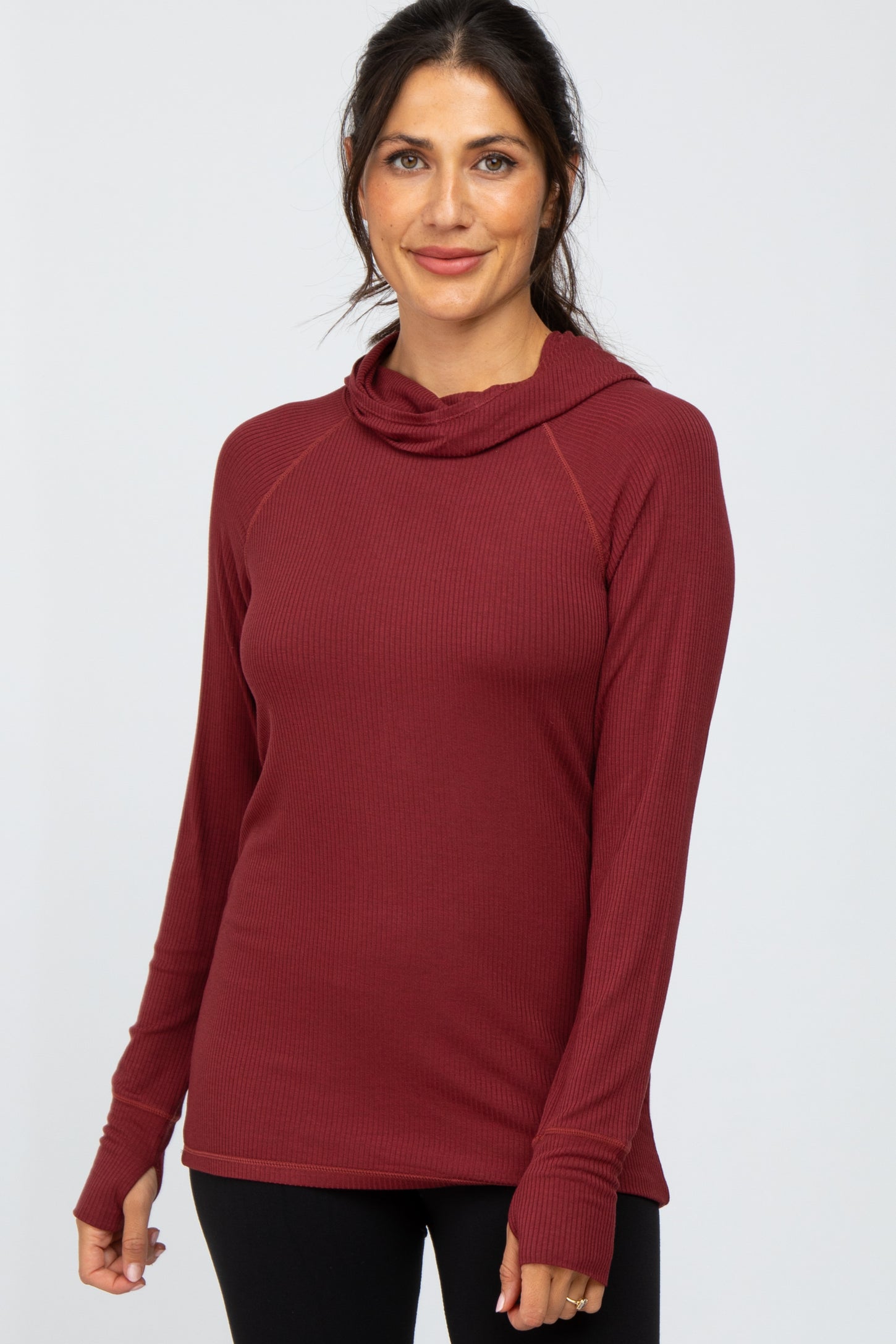 Burgundy Ribbed Hooded Maternity Active Top