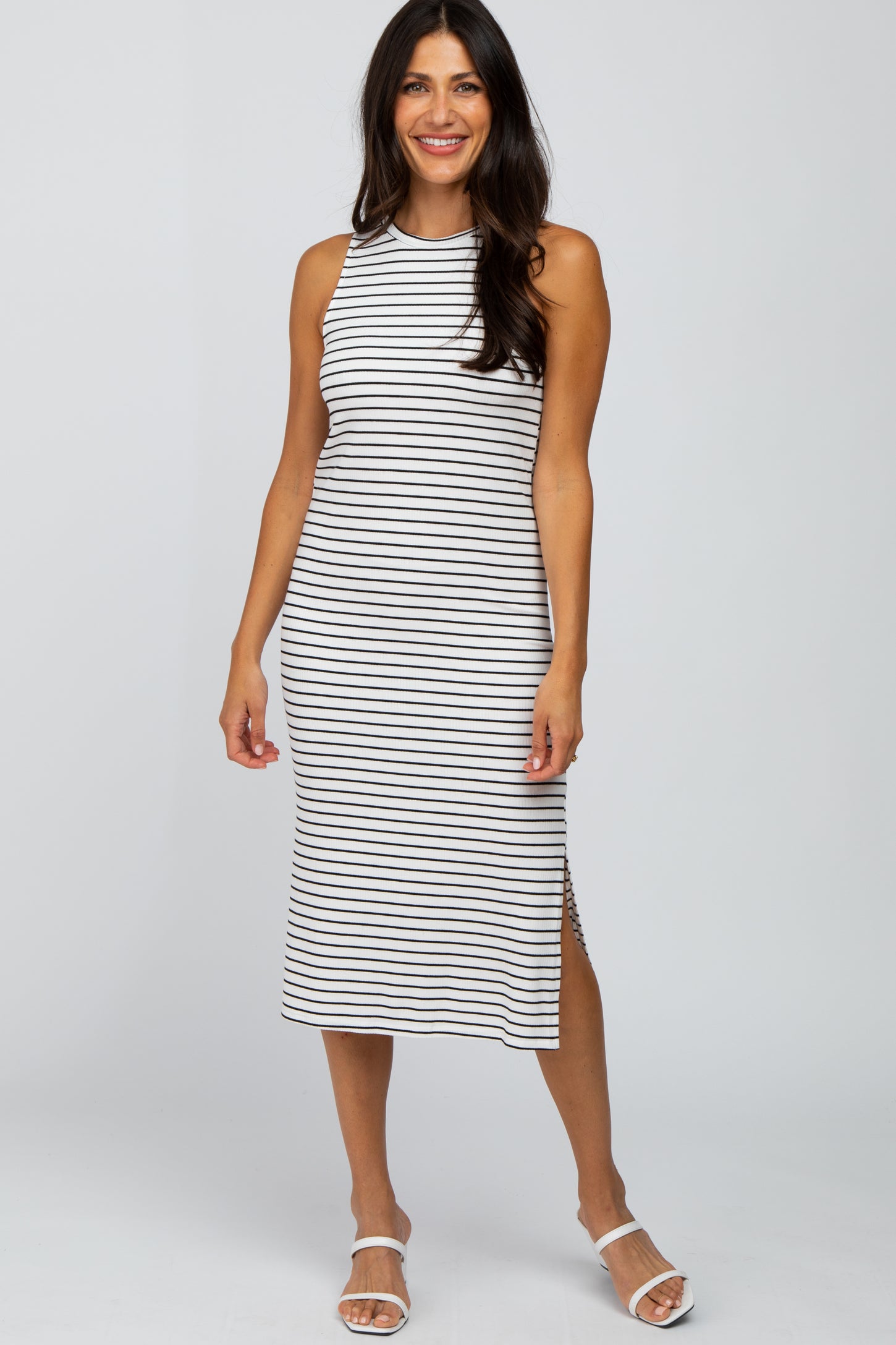 White Striped Side Slit Fitted Midi Dress