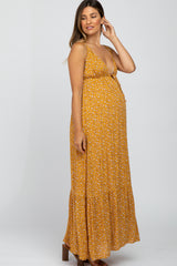 Gold Floral Front Tie Ruffle Hem Maternity Maxi Dress
