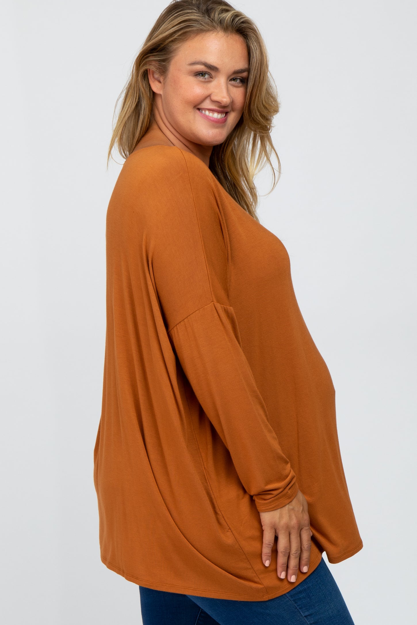 Camel Long Dolman Sleeve Plus Maternity Top