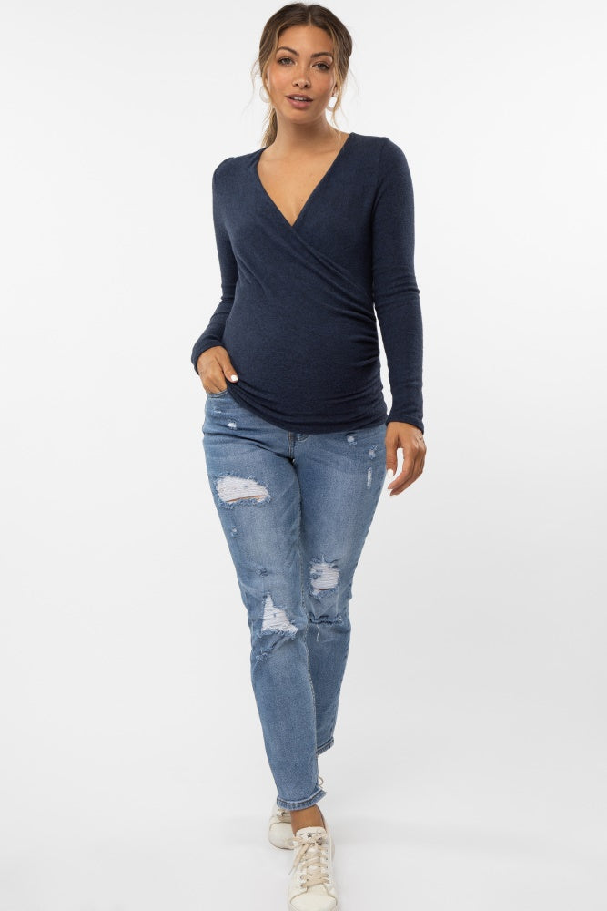 Navy Blue Brushed Knit Wrap Front Maternity Top