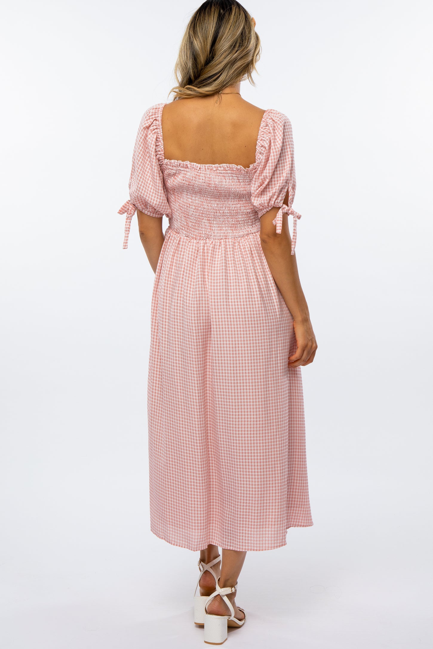 Pink Gingham Smocked Midi Dress