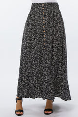 Black Floral Button Accent Maxi Skirt