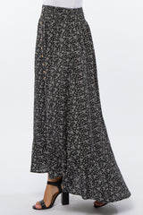 Black Floral Button Accent Maxi Skirt