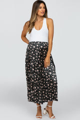 Black Floral Satin Crinkled Maternity Midi Skirt