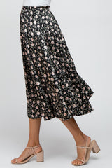 Black Floral Satin Crinkled Midi Skirt