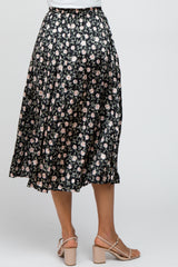 Black Floral Satin Crinkled Midi Skirt