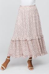 Light Pink Floral Ruffle Midi Skirt