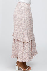 Light Pink Floral Ruffle Midi Skirt