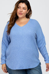 Blue Waffle Knit Long Sleeve Maternity Plus Top