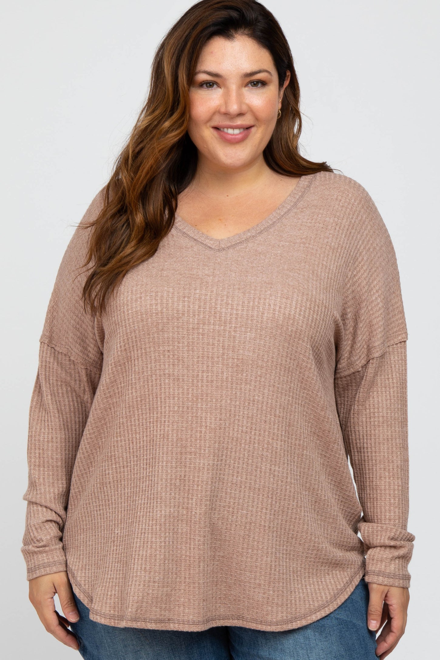 Taupe Waffle Knit Long Sleeve Plus Top
