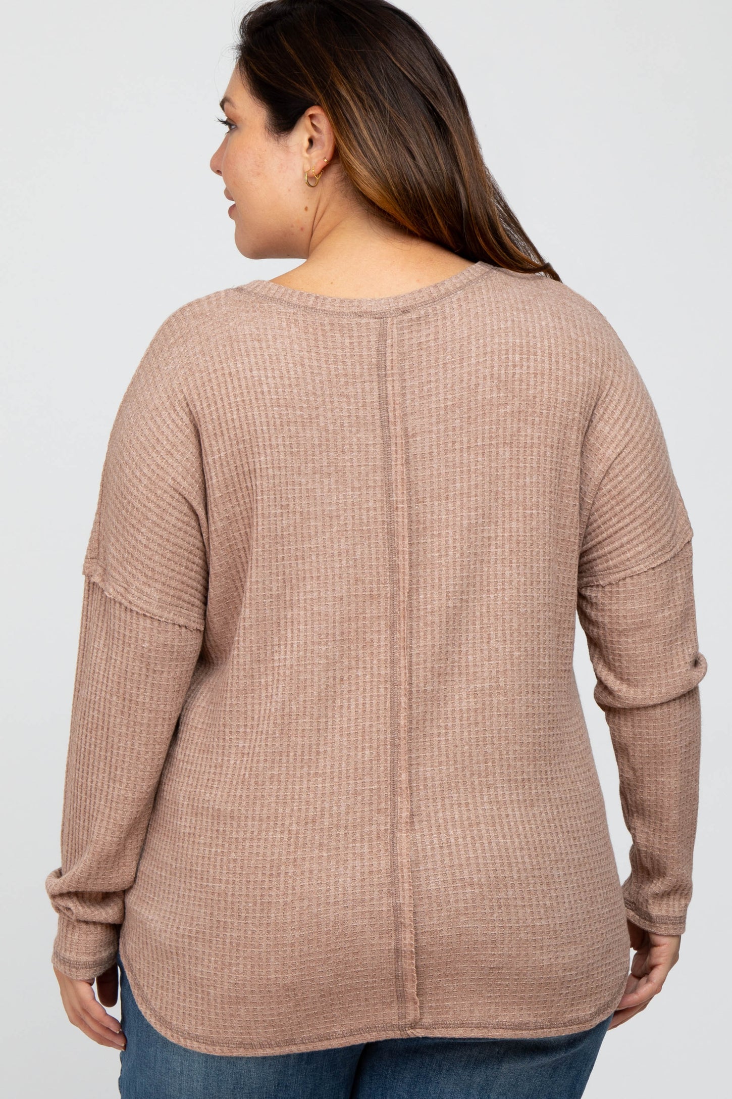 Taupe Waffle Knit Long Sleeve Plus Top