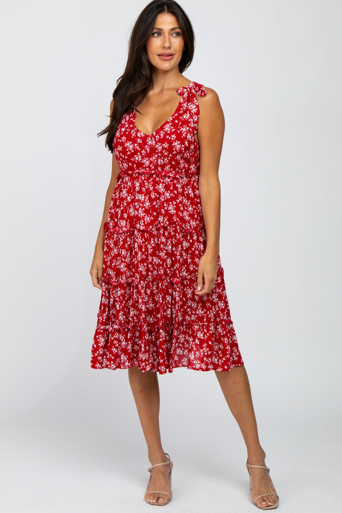 Red Floral Print Tiered Maternity Dress