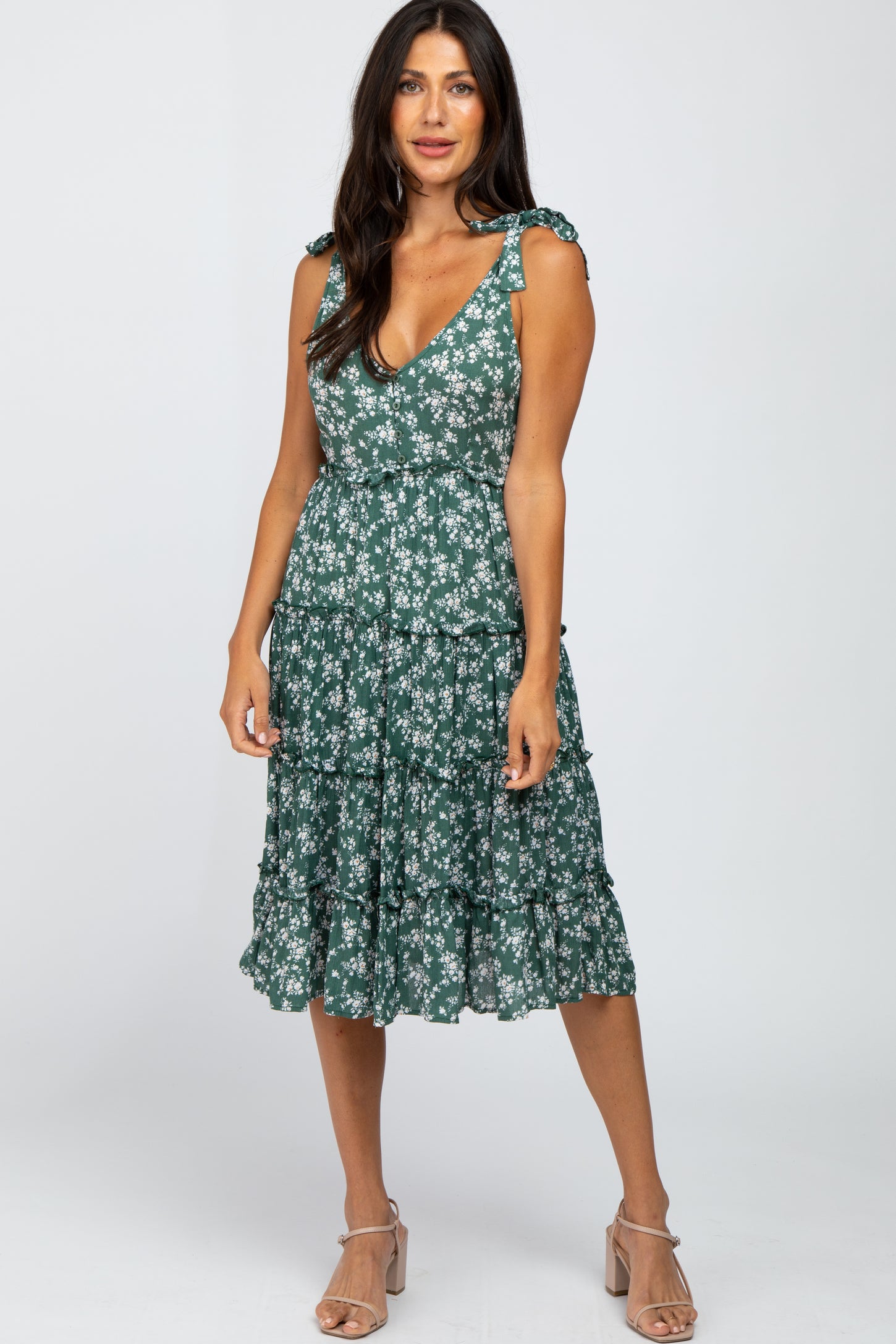 Green Floral Print Tiered Dress