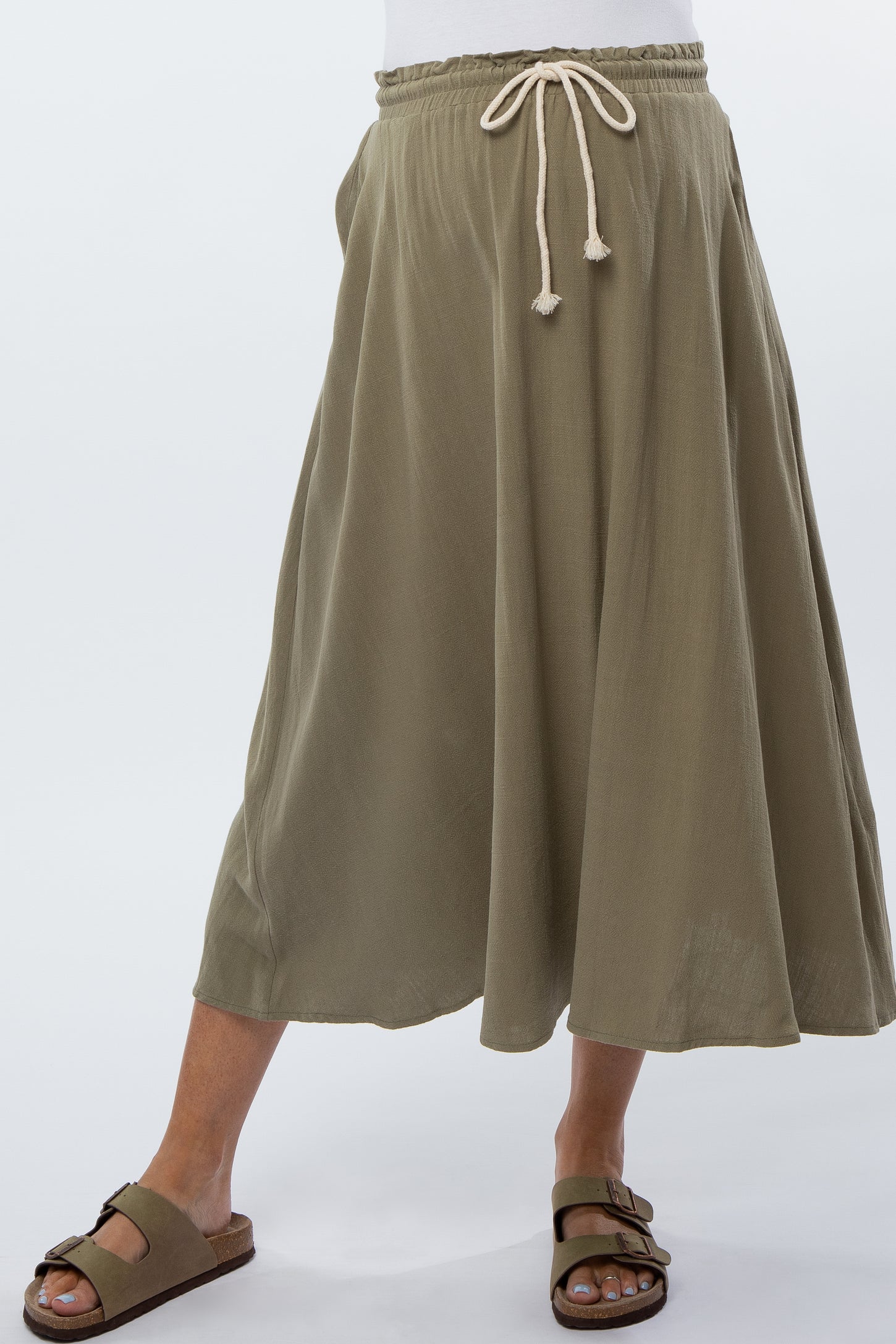 Olive Drawstring Waist Maternity Midi Skirt
