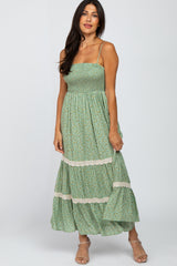 Green Floral Smocked Crochet Accent Maxi Dress