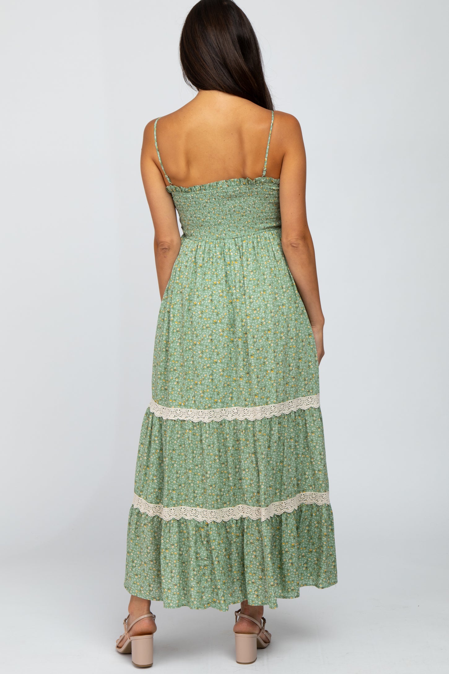 Green Floral Smocked Crochet Accent Maxi Dress