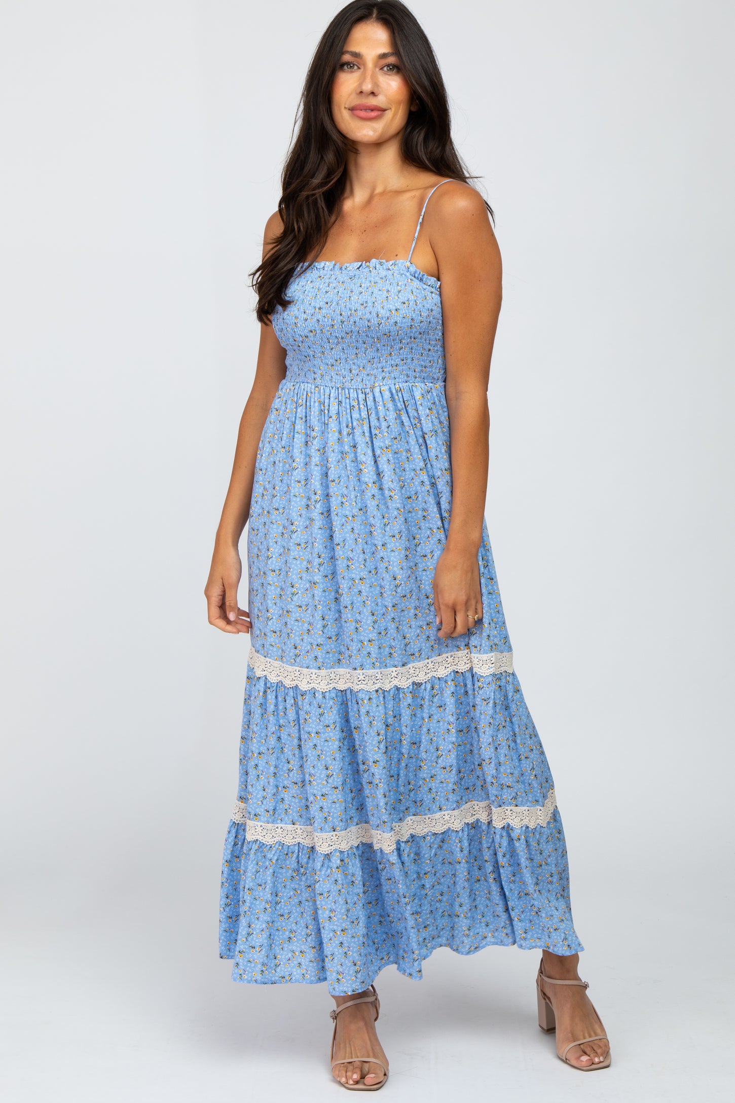 Light Blue Floral Smocked Crochet Accent Maternity Maxi Dress