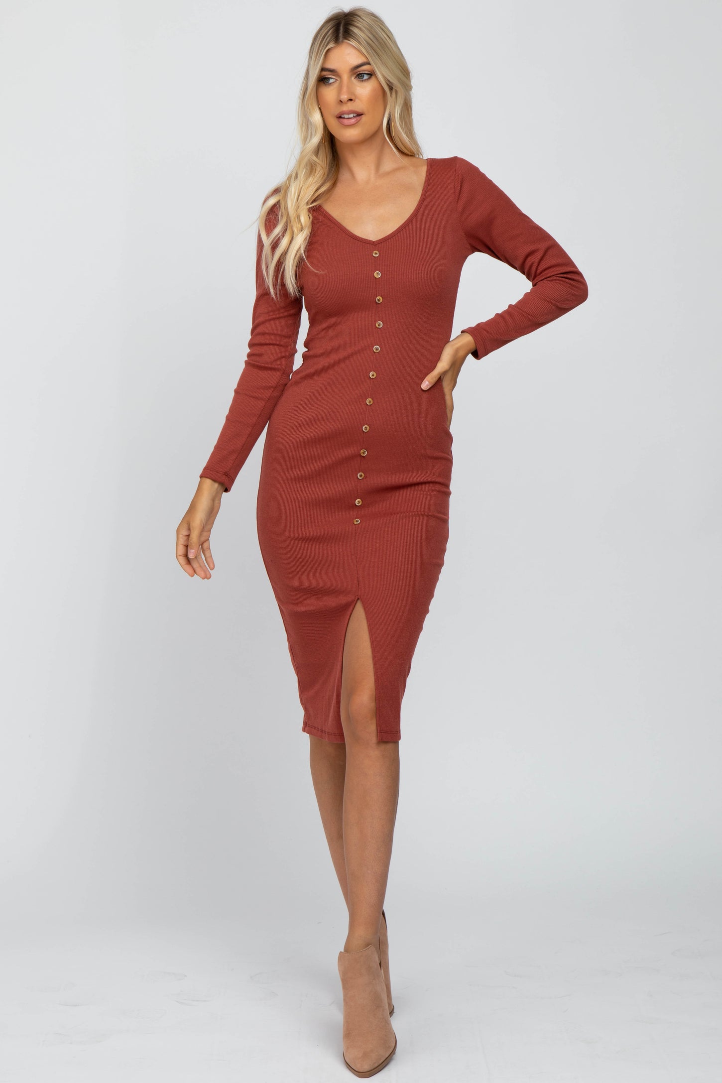 Rust Ribbed Front Button Accent Fitted Midi Dress