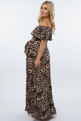 Brown Animal Print Off Shoulder Maternity Maxi Dress