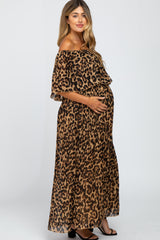 Brown Animal Print Off Shoulder Pleated Maternity Maxi Dress