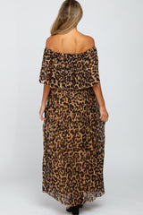 Brown Animal Print Off Shoulder Pleated Maternity Maxi Dress