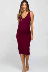 Burgundy Sleeveless Ribbed Knit Fitted Maternity Dress