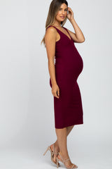 Burgundy Sleeveless Ribbed Knit Fitted Maternity Dress