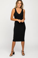 Black Sleeveless Ribbed Knit Fitted Dress