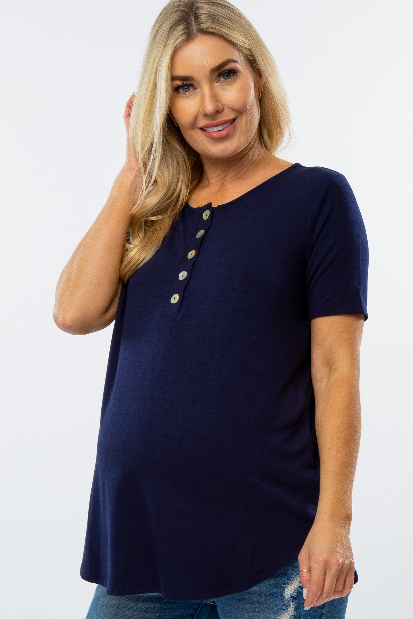 Navy Button Down Short Sleeve Maternity Top