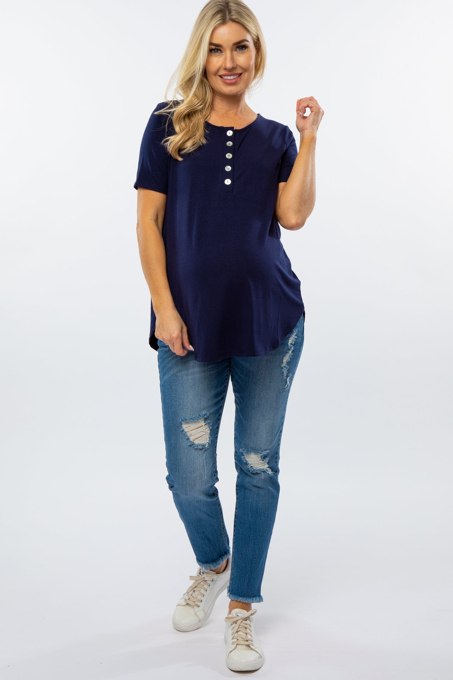 Navy Button Down Short Sleeve Maternity Top