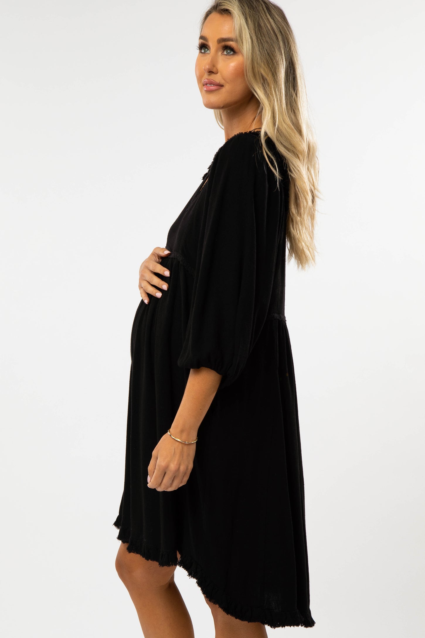 Black Linen Raw Edge Hi-Low Hem Maternity Dress