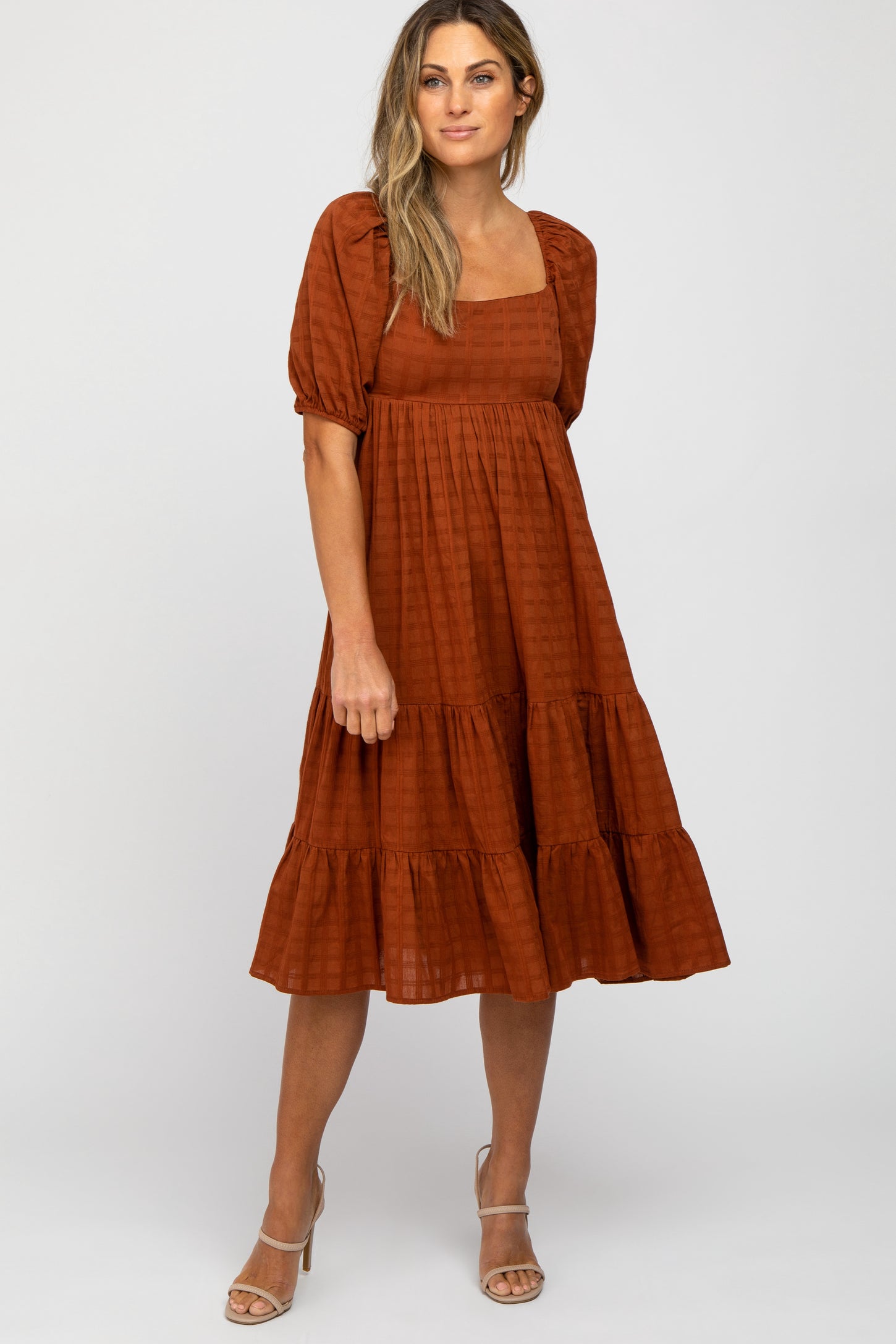 Rust Plaid Square Neck Maternity Midi Dress