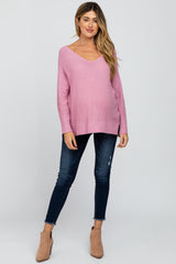 Pink V-Neck Side Slit Maternity Sweater