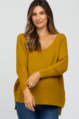 Mustard V-Neck Side Slit Maternity Sweater