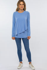 Light Blue Solid Layered Front Long Sleeve Nursing Top